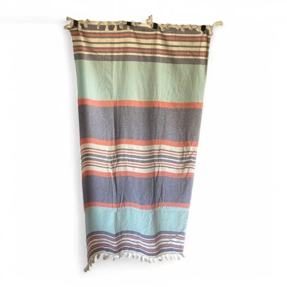 Preppy pastel striped white fringe 32x62" cotton blend beach towel - Picture 3 of 12